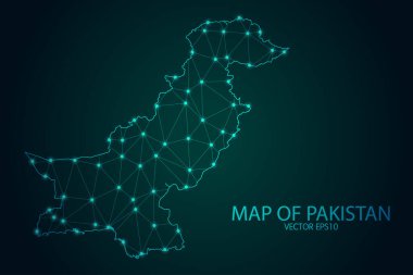 Pakistan Haritası - Karanlık Gradyan Arkaplan 'da parlayan nokta ve çizgiler ile, 3D çokgen ağ bağlantıları. Vektör illüstrasyonu E10.