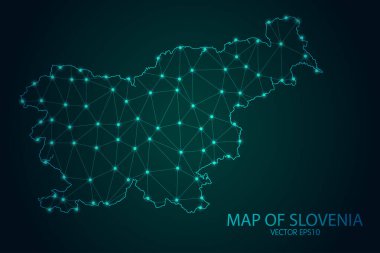 Slovenya Haritası - Karanlık Gradyan Arkaplan 'da parlayan nokta ve çizgiler ile, 3D çokgen ağ bağlantıları. Vektör illüstrasyonu E10.