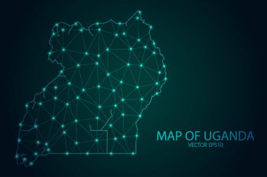 Uganda Haritası- Karanlık Gradyan Arkaplanı 'ndaki parlayan nokta ve çizgilerle, 3D çokgen ağ bağlantıları. Vektör illüstrasyonu E10.