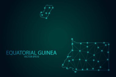 Ekvator Ginesi Haritası - Karanlık Gradyan Arkaplanı 'nda parlayan nokta ve çizgilerle, 3D çokgen ağ bağlantıları. Vektör illüstrasyonu E10.