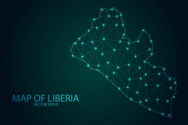 Liberya Haritası - Karanlık Gradyan Arkaplanı 'nda parlayan nokta ve çizgilerle, 3D çokgen ağ bağlantıları. Vektör illüstrasyonu E10.