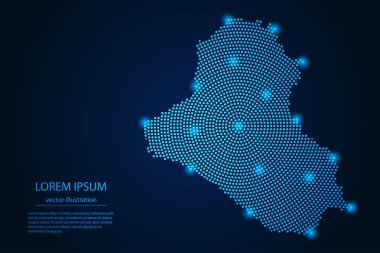 Irak haritasının koyu arkaplan üzerinde mavi ve parlayan yıldızların soyut görüntüsü. Vektör illüstrasyonu 10 birim.