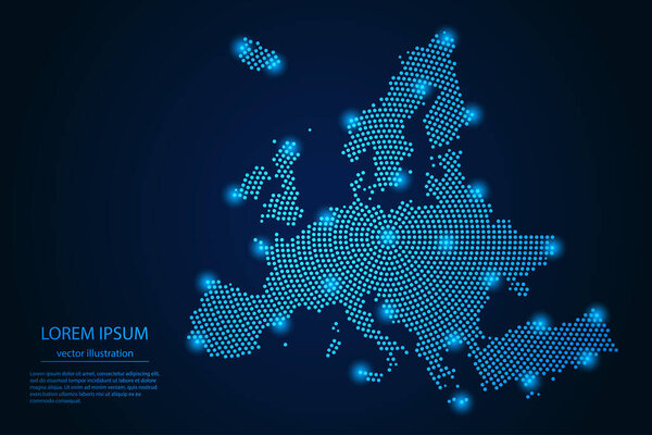 Абстрактное изображение карты Европы с точки синие и перчаточные звезды на темном фоне. векторная иллюстрация. Вектор EPS 10.