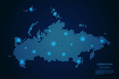 Rusya 'nın soyut görüntüsü koyu arkaplandaki mavi ve parlayan yıldızlardan geliyor. vektör illüstrasyonu.