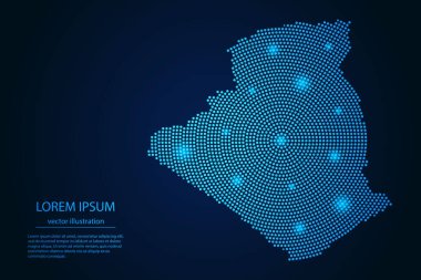 Karanlık bir arkaplanda parlayan yıldızlardan oluşan soyut Cezayir haritası. vektör illüstrasyonu.