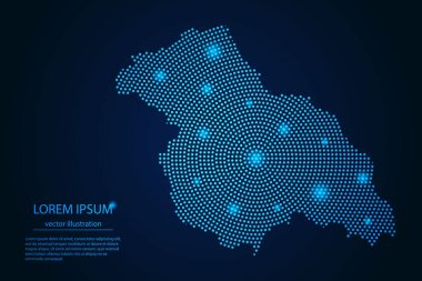 Kashmir haritası koyu arkaplandaki mavi ve parlayan yıldızların soyut görüntüsüdür. vektör illüstrasyonu.