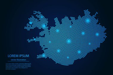 Koyu arkaplandaki mavi ve parlayan yıldızlardan İzlanda 'nın soyut haritası. vektör illüstrasyonu.