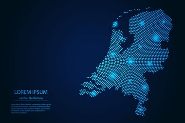 Hollanda 'nın koyu arkaplandaki mavi ve parlayan yıldızlardan oluşan soyut bir haritası. vektör illüstrasyonu.