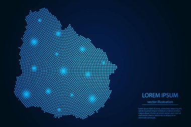 Koyu arkaplandaki mavi ve parlayan yıldızlardan gelen soyut görüntü Uruguay haritası. Vektör İllüstrasyonu.