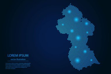 Koyu arkaplandaki mavi ve parlayan yıldızlardan gelen soyut Guyana haritası. vektör illüstrasyonu.