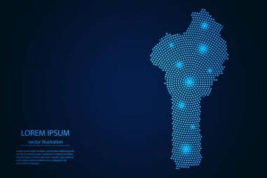 Benin haritası, koyu arkaplandaki mavi ve parlayan yıldızların soyut görüntüsü. vektör illüstrasyonu.