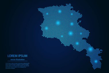 Koyu arkaplandaki mavi ve parlayan yıldızlardan oluşan soyut Ermenistan haritası. vektör illüstrasyonu.