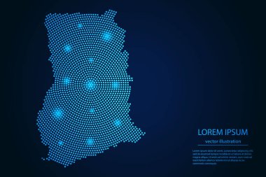 Koyu arkaplandaki mavi ve parlayan yıldızların Gana haritası. vektör illüstrasyonu.