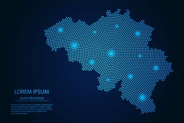 Koyu arkaplandaki mavi ve parlayan yıldızlardan oluşan Belçika haritası. Vektör İllüstrasyonu.