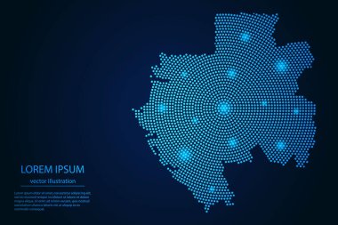 Gabon haritası, koyu arkaplandaki mavi ve parlayan yıldızların soyut görüntüsü. vektör illüstrasyonu.