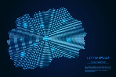 Makedonya 'nın koyu arkaplandaki mavi ve parlayan yıldızlardan oluşan soyut bir haritası. vektör illüstrasyonu.