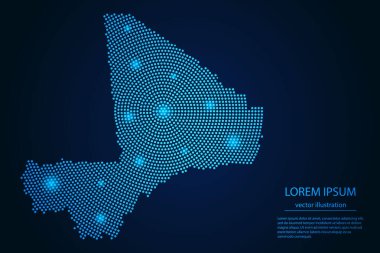 Mali haritasını koyu arkaplan üzerinde mavi ve parlayan yıldızlardan al. vektör illüstrasyonu.