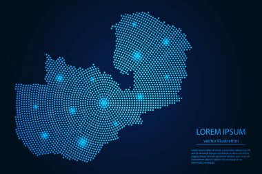 Zambiya haritasının soyut görüntüsü koyu arkaplandaki mavi ve parlayan yıldızlardan. vektör illüstrasyonu.