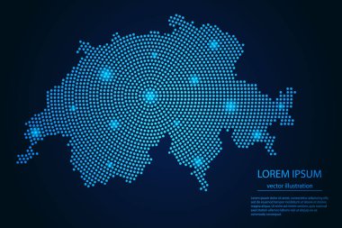 Koyu arkaplandaki mavi ve parlayan yıldızlardan oluşan soyut İsviçre haritası. vektör illüstrasyonu.