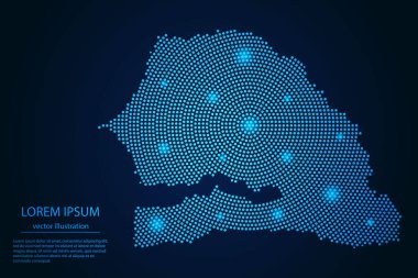 Senegal haritasını koyu arkaplandaki mavi ve parlayan yıldızlardan al. vektör illüstrasyonu.