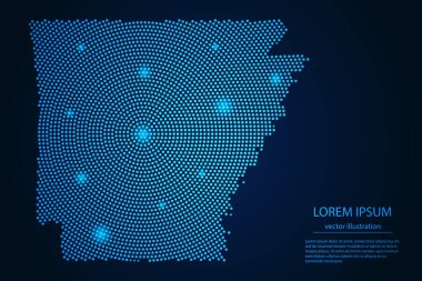 Arkansas haritası, koyu arkaplandaki mavi ve parlayan yıldızların soyut görüntüsü. vektör illüstrasyonu.