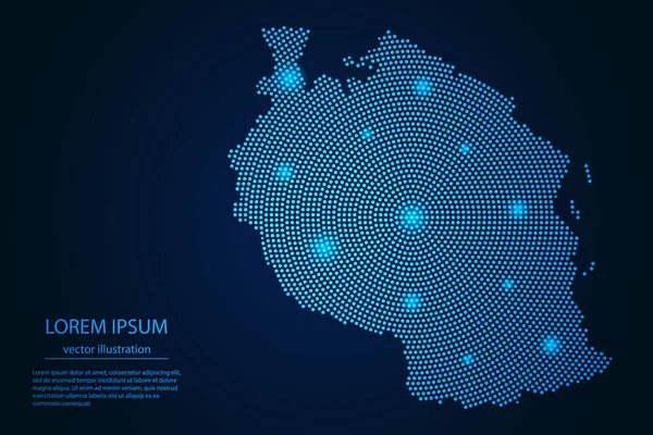 Abstrakcyjne Zdjęcie Tanzania Mapa Punktu Niebieskiego Świecące Gwiazdy Ciemnym Tle — Wektor stockowy