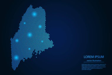 Koyu arkaplandaki mavi ve parlayan yıldızlardan gelen soyut Maine haritası. vektör illüstrasyonu.