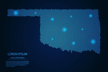 Oklahoma haritası koyu arkaplandaki mavi ve parlayan yıldızların soyut görüntüsü. vektör illüstrasyonu.
