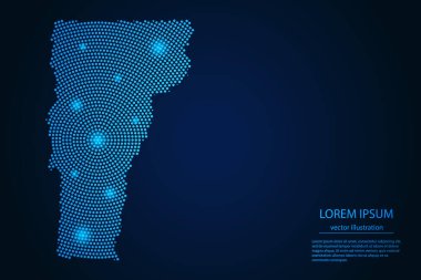 Karanlık bir arkaplanda mavi ve parlayan yıldızlardan alınan soyut Vermont haritası. vektör illüstrasyonu.