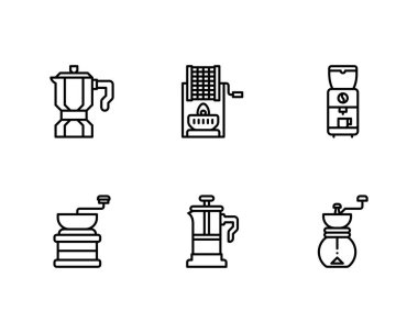 Kahve makinesi ikonu. Beyaz arkaplanda izole edilmiş web tasarımı için 16 vektör simgesi dizisi