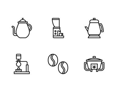 Kahve makinesi çizgisi simgesi seti. Web tasarımı için 16 çaydanlık vektör simgesinin ince çizgili çizimi