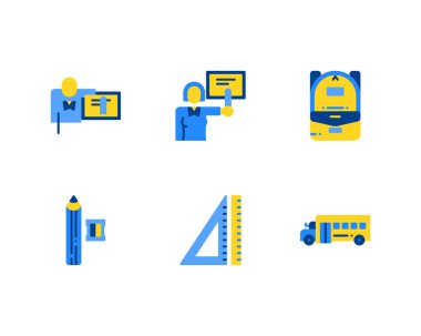 Beyaz arkaplanda Okula Dönüş simgeleri kümesi, vektör illüstrasyonu