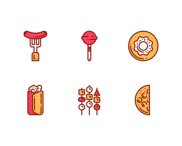 Boceto Comida Callejera Iconos Lineales Establecidos Ilustración Vectorial — Vector de stock