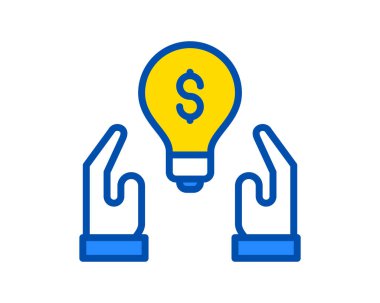 Dolar sembollü ampulü tutan eller, vektör rengi düz simge