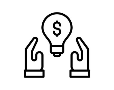 Dolar sembollü ampulü tutan eller, vektör düz simge