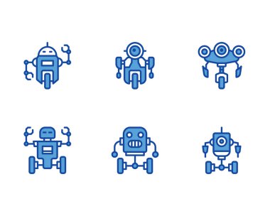 Robot simgeleri ayarlandı, beyaz arkaplanda vektör illüstrasyonu