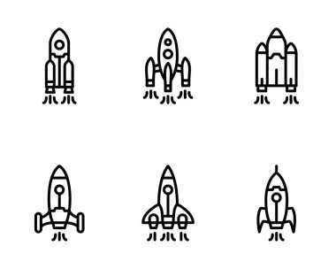 Roket fırlatma simgeleri ayarlandı, vektör illüstrasyonu beyaz arkaplanda
