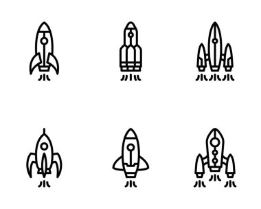 Roket fırlatma simgeleri ayarlandı, vektör illüstrasyonu beyaz arkaplanda