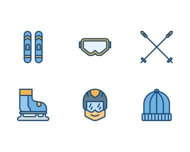 Kış sporları simgeleri, beyaz arkaplanda vektör illüstrasyonu