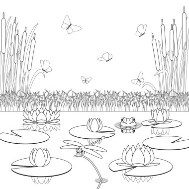 Coloring page with pond inhabitants and plants.