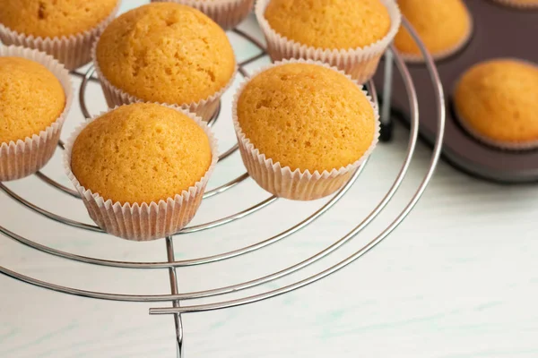 Freshly baked vanilla cupcakes are placed on a cooling rack. — Stockfoto