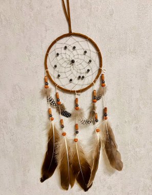 Kahverengi tüylü düş kapanı, el yapımı DIY dekorasyonu, boho tarzı ev süsü, yerli esinlenilmiş asma, sanatsal el sanatının detaylı makro çekimi. Yüksek kalite fotoğraf