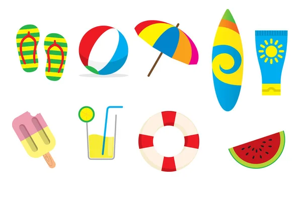 Summer Elements Vector Graphic Sandals Umbrella Beach Ball Umbrella Sun — Wektor stockowy