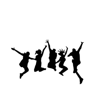  Beyaz arka planda zıplayan insanların silueti. Çayırdaki mutlu kız ve oğlanın sembolü.