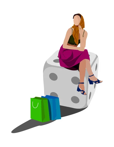 Beautiful Young Woman Paper Shopping Bags Sitting Big Dice Vector — Stock fotografie