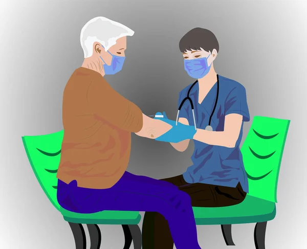 Vaccination of old people, senior woman getting a covid vaccine shot at home. Medical doctor vaccinating an elderly woman, physician or nurse giving injection against coronavirus infection, vector art