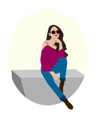 Güzel, modaya uygun bir stil kızı, esmer, akıllı telefonuyla oturuyor ve gülümsüyor. Uzun kahverengi saçlı. Şort, spor ayakkabı, kemer gömleği. Beyaz arka planda bir kadın karakter. İzole edilmiş. resimleme 