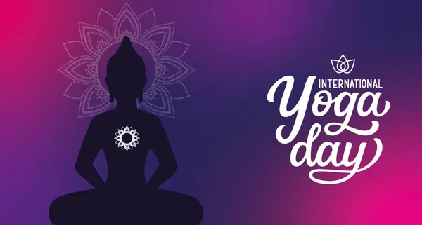 6月21日国际瑜伽日 在Namaste向人们致意 曼达拉背景概念插图横幅 小册子 招贴画设计 6月21日国际瑜伽日 瑜伽身体姿势 人体轮廓和太阳光 — 图库照片