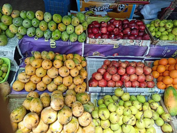 Fresh Fruit Market Stand Loaded Fruits Banana Grapes Apples Plums — Stock Photo, Image