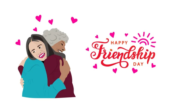 Vector Cartoon Illustration Happy Friendship Day Card Two Diverse Girl — Stockfoto